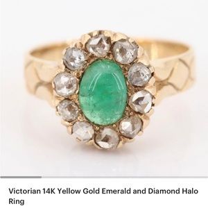 Victorian 14K Yellow Gold Emerald and Diamond Halo Ring